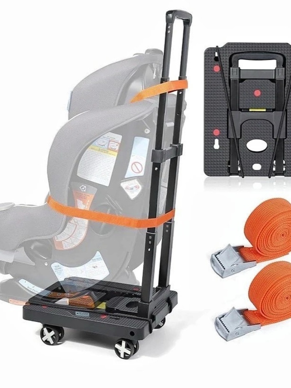 Adjustable Baby Car Seat Travel Dolly, Black & Orange